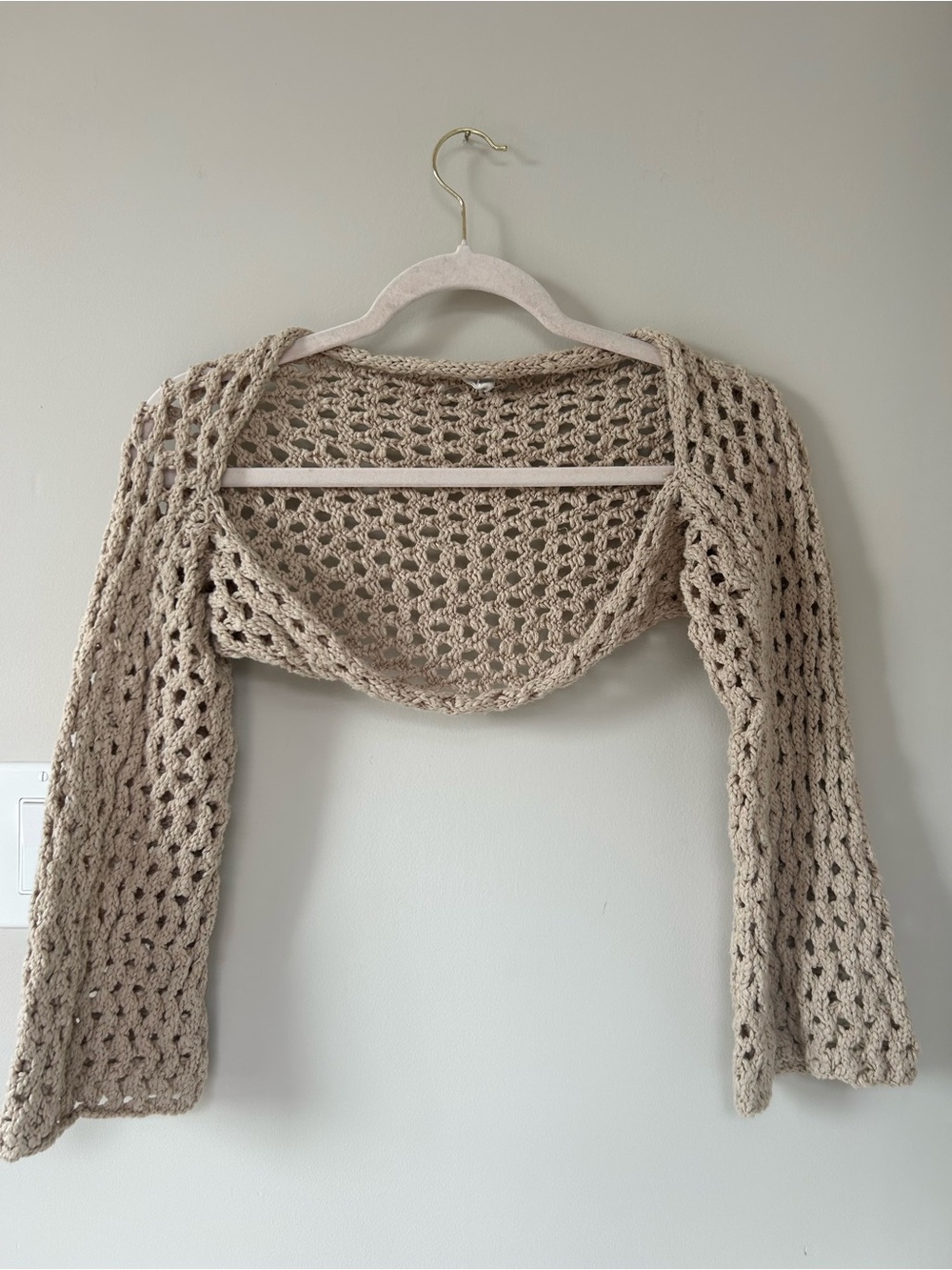 Y2K Beige Open Crochet Shrug Sweater - Women's